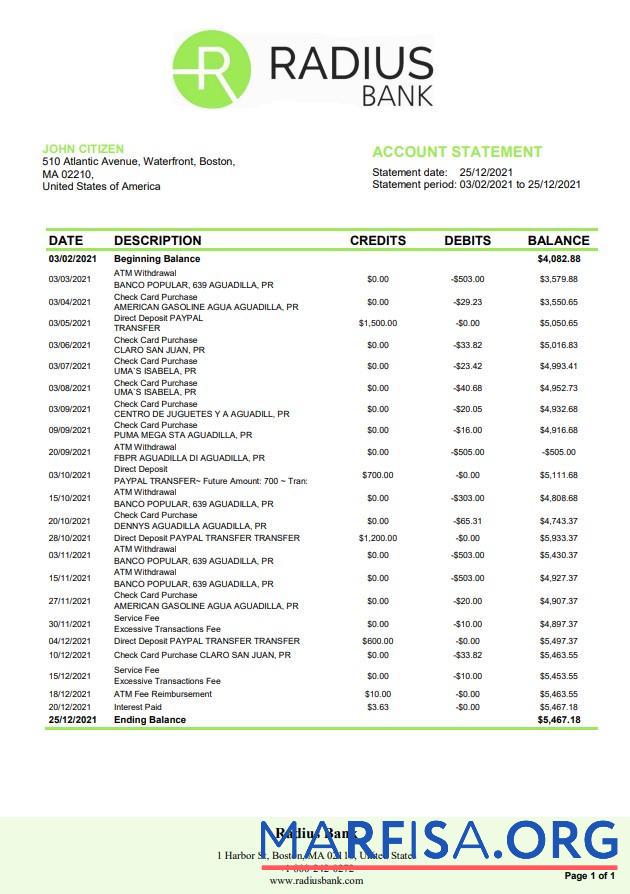 Downloadable USA Massachusetts Radius bank statement word real example